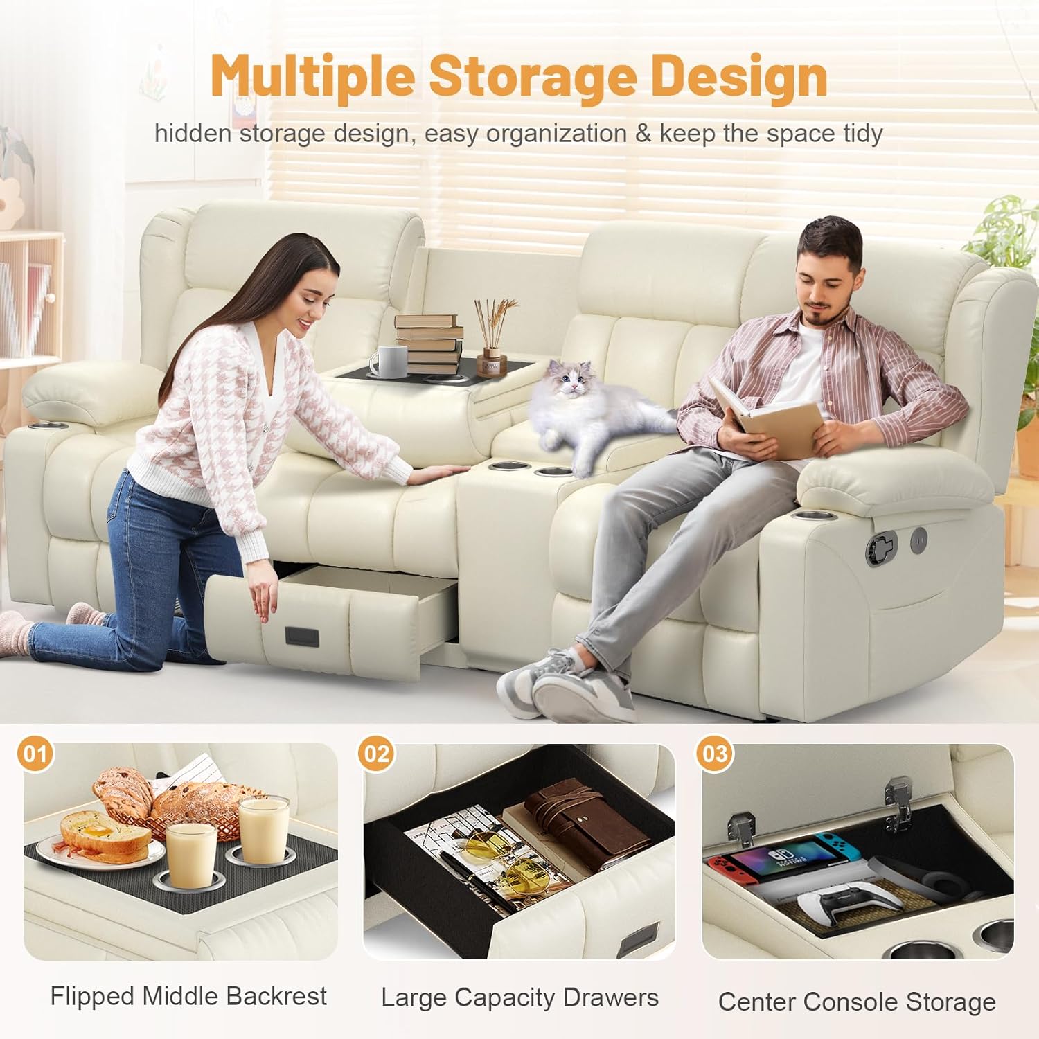 Dresegmt Loveseat Recliner Sofa 3 Seat Flip Backrest with Storage USB Cup Holders