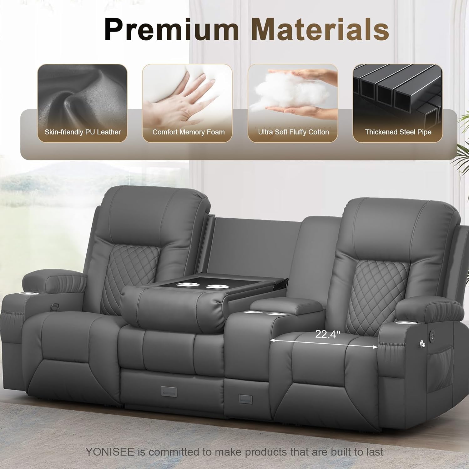 YONISEE 3 Seat Recliner Sofa Large Manual Reclining Couch with Storage Console