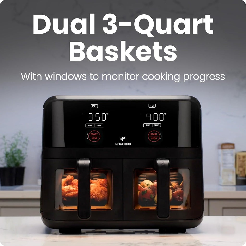 Chefman 6 Quart Dual Basket Air Fryer Oven Digital Nonstick Dishwasher Safe