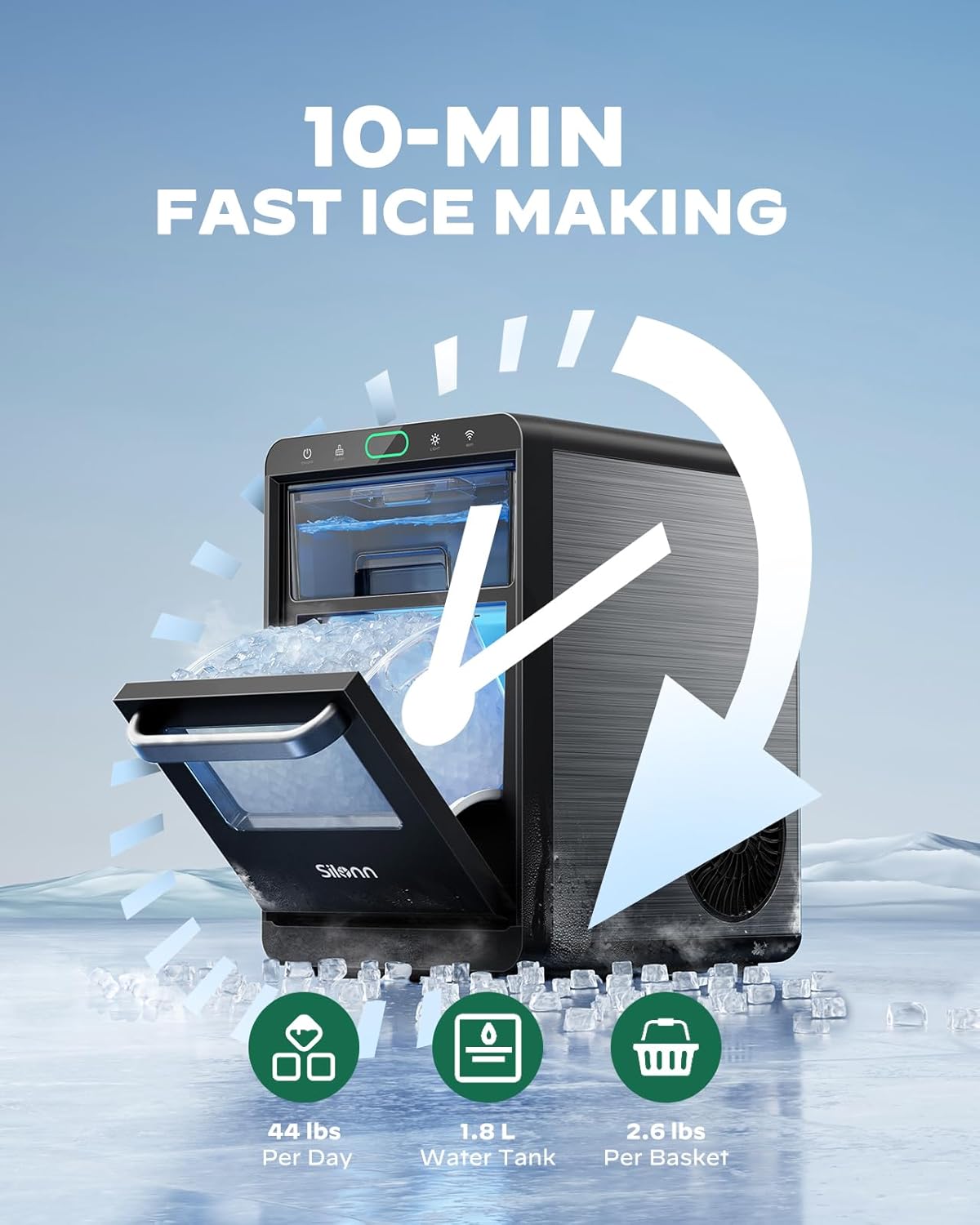 Silonn Nugget Ice Maker Countertop 44lbs Daily Stainless Steel Ice Machine