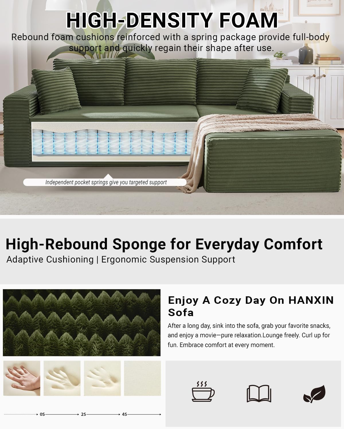 HANXIN Cloud Sectional Sofa L Shape Chaise Deep Seat Modular Living Room Couch