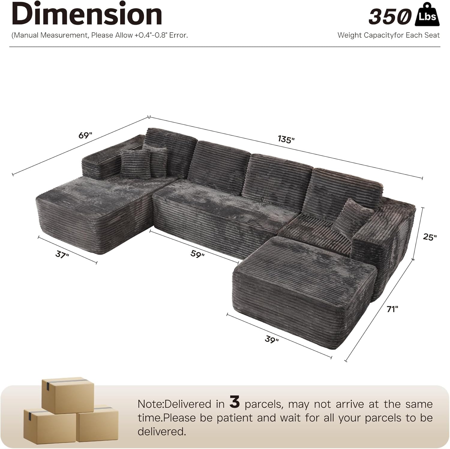ovios Cloud Sectional Couch with L Shape Chaise Modern Modular Sofa