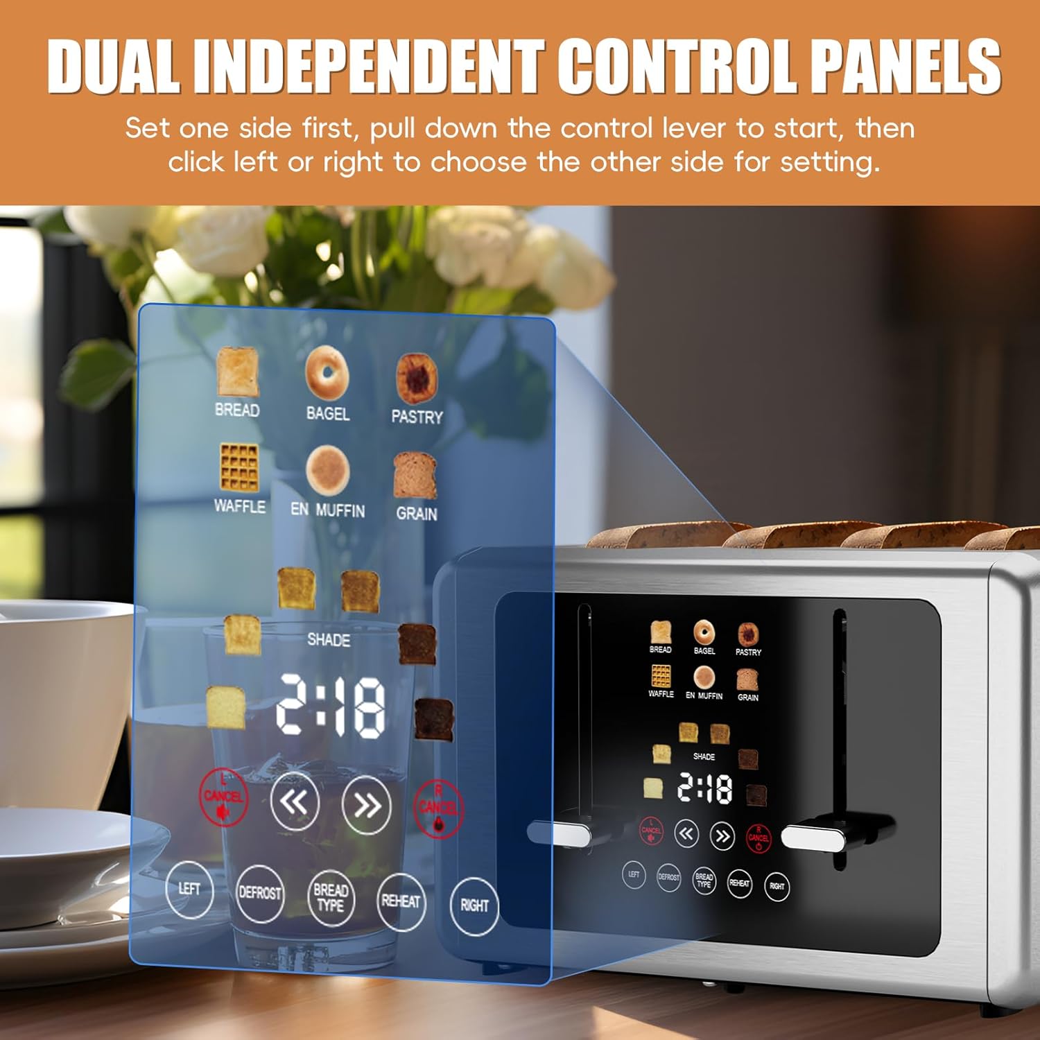 whall Digital Touch Screen Toaster 4 Slice Stainless Steel Dual Control Wide Slots