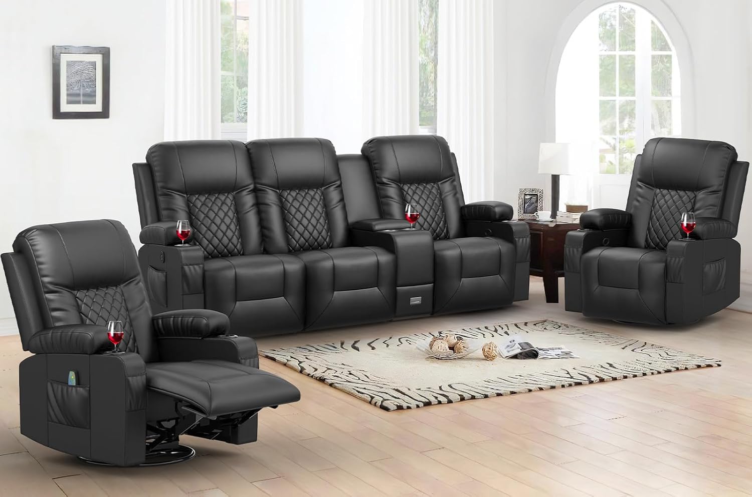 YONISEE 3 Seat Recliner Sofa Large Manual Reclining Couch with Storage Console