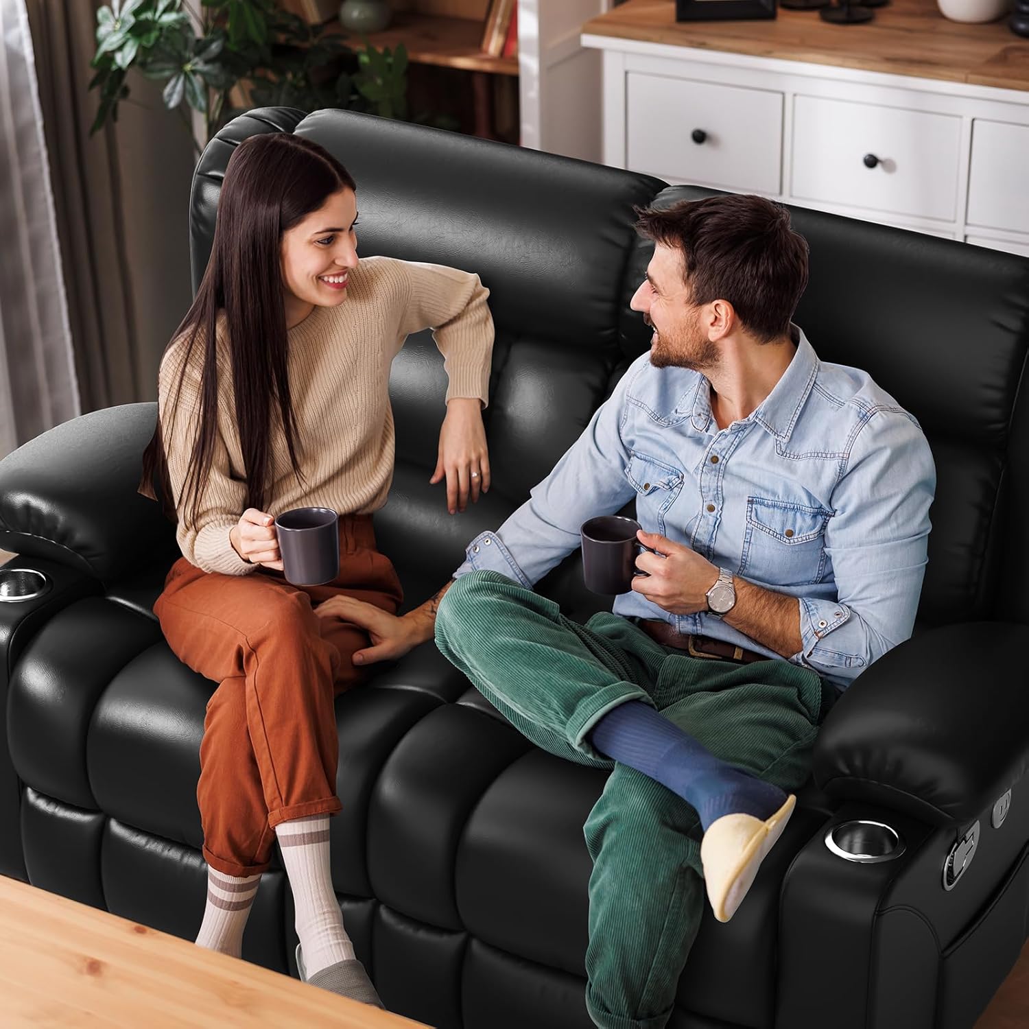 FURNIMAT Loveseat Recliner Sofa 2 Seater PU Leather Couch with USB Cup Holders
