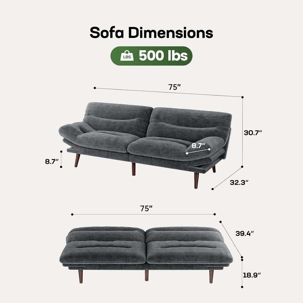 Marsail Futon Sofa Bed Convertible Corduroy Loveseat with Adjustable Backrest
