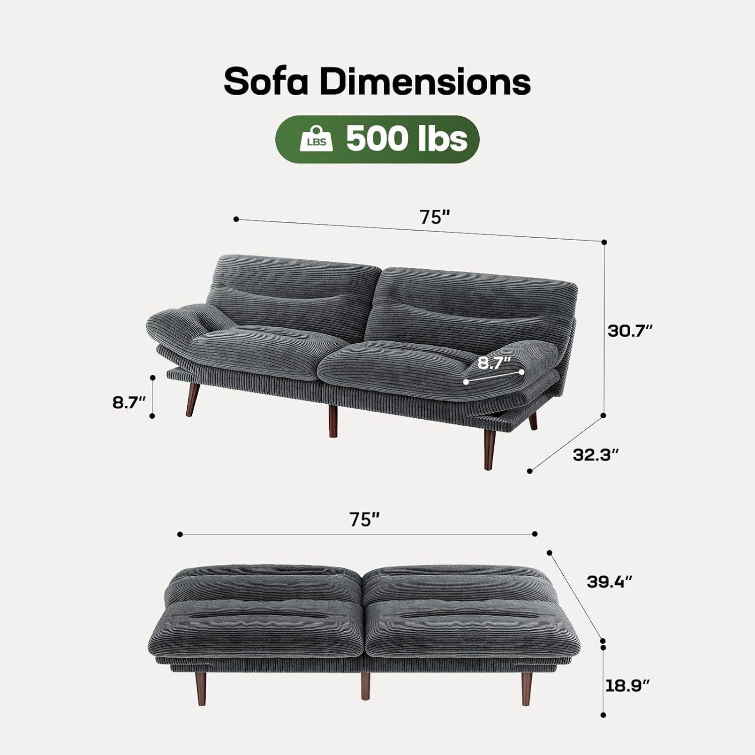 Marsail Futon Sofa Bed Convertible Corduroy Loveseat with Adjustable Backrest