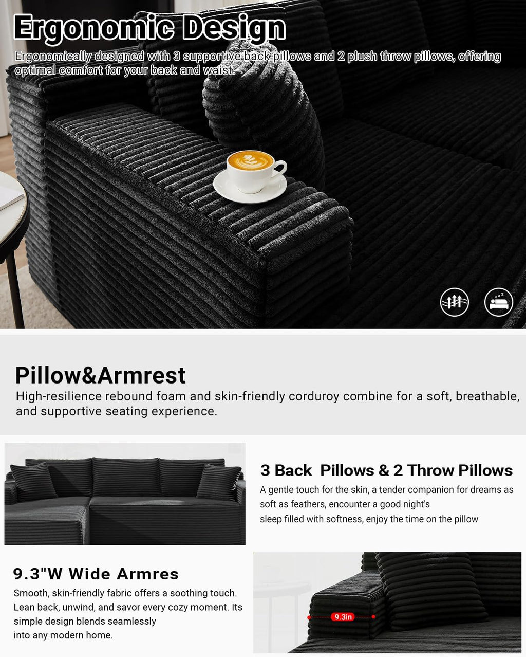 HANXIN Cloud Sectional Sofa L Shape Chaise Deep Seat Modular Living Room Couch