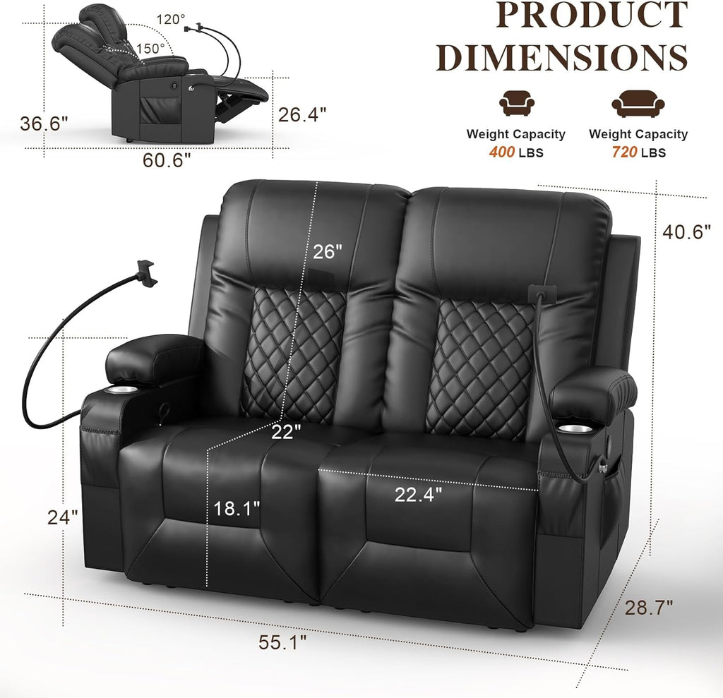 FURNIMAT Loveseat Recliner Sofa 2 Seater PU Leather Couch with USB Cup Holders