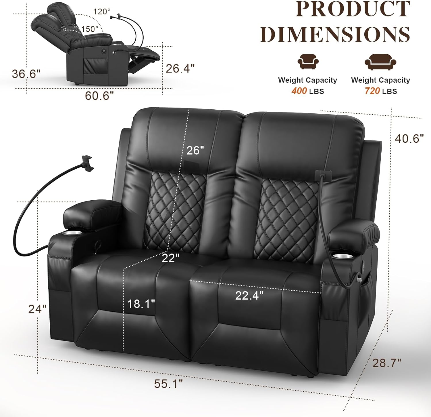 FURNIMAT Loveseat Recliner Sofa 2 Seater PU Leather Couch with USB Cup Holders