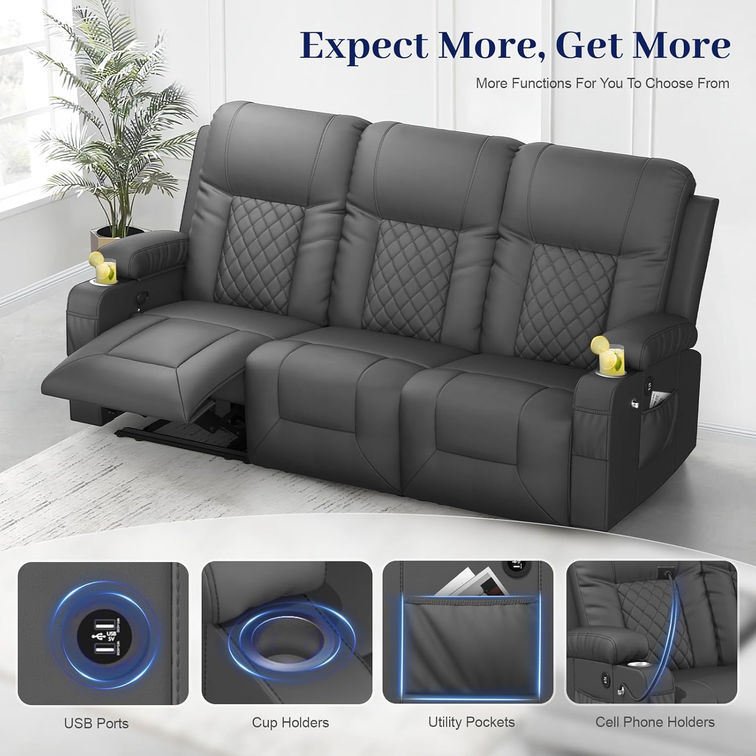 FURNIMAT Loveseat Recliner Sofa 2 Seater PU Leather Couch with USB Cup Holders