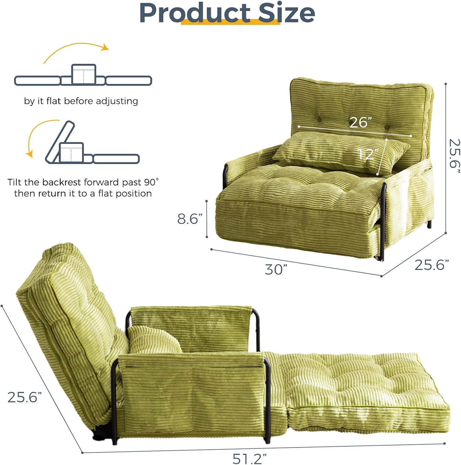 MAXYOYO Adjustable Floor Sofa Bed with Armrest Double Black Foldable Sleeper
