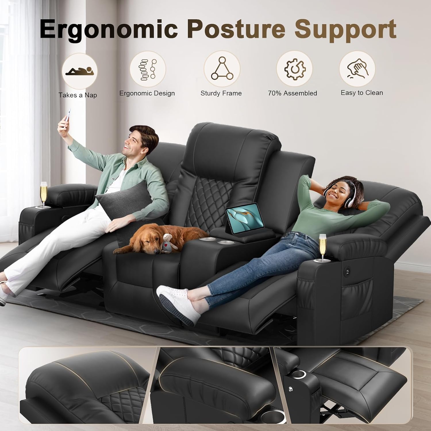 YONISEE 3 Seat Recliner Sofa Large Manual Reclining Couch with Storage Console
