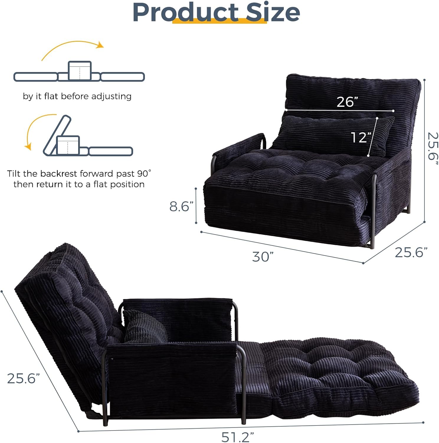 MAXYOYO Adjustable Floor Sofa Bed with Armrest Double Black Foldable Sleeper
