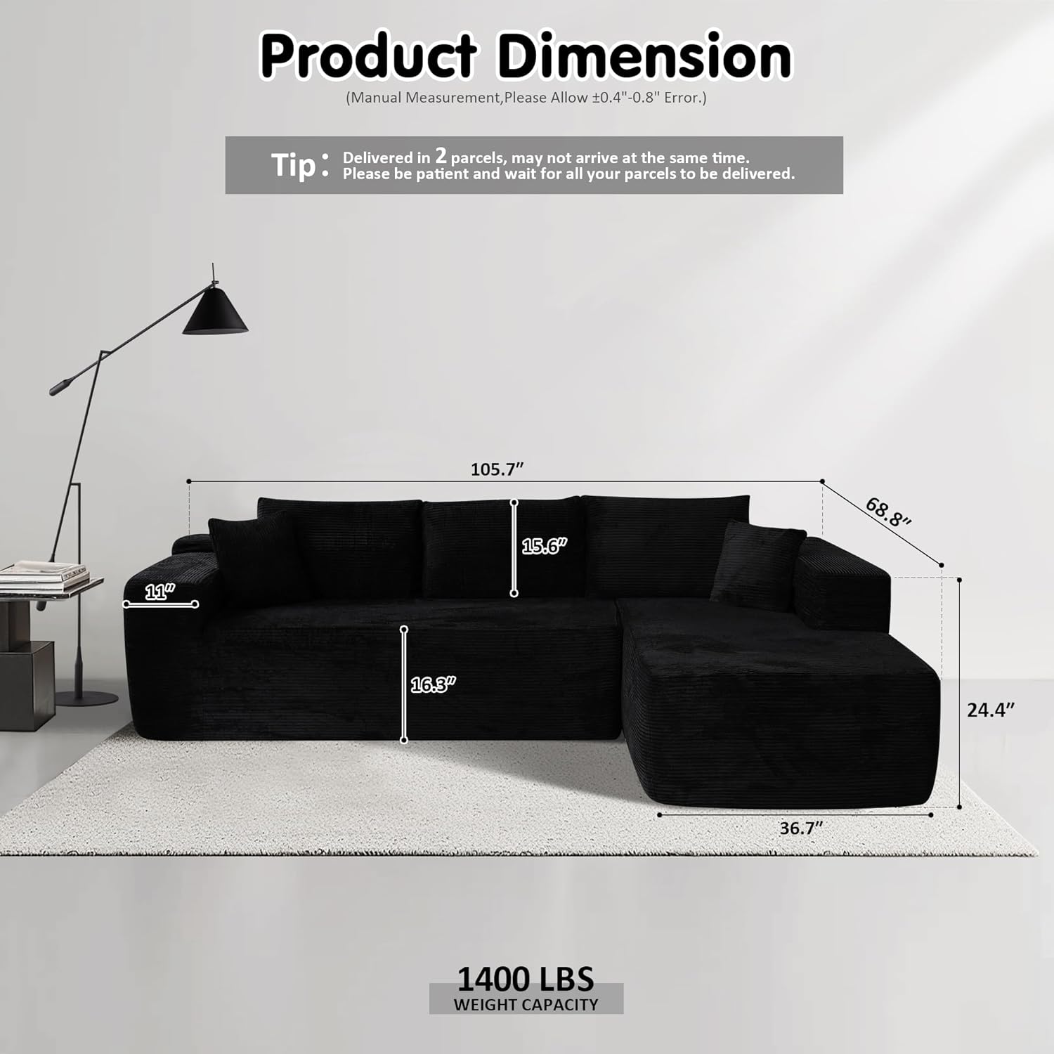ovios Cloud Sectional Couch with L Shape Chaise Modern Modular Sofa