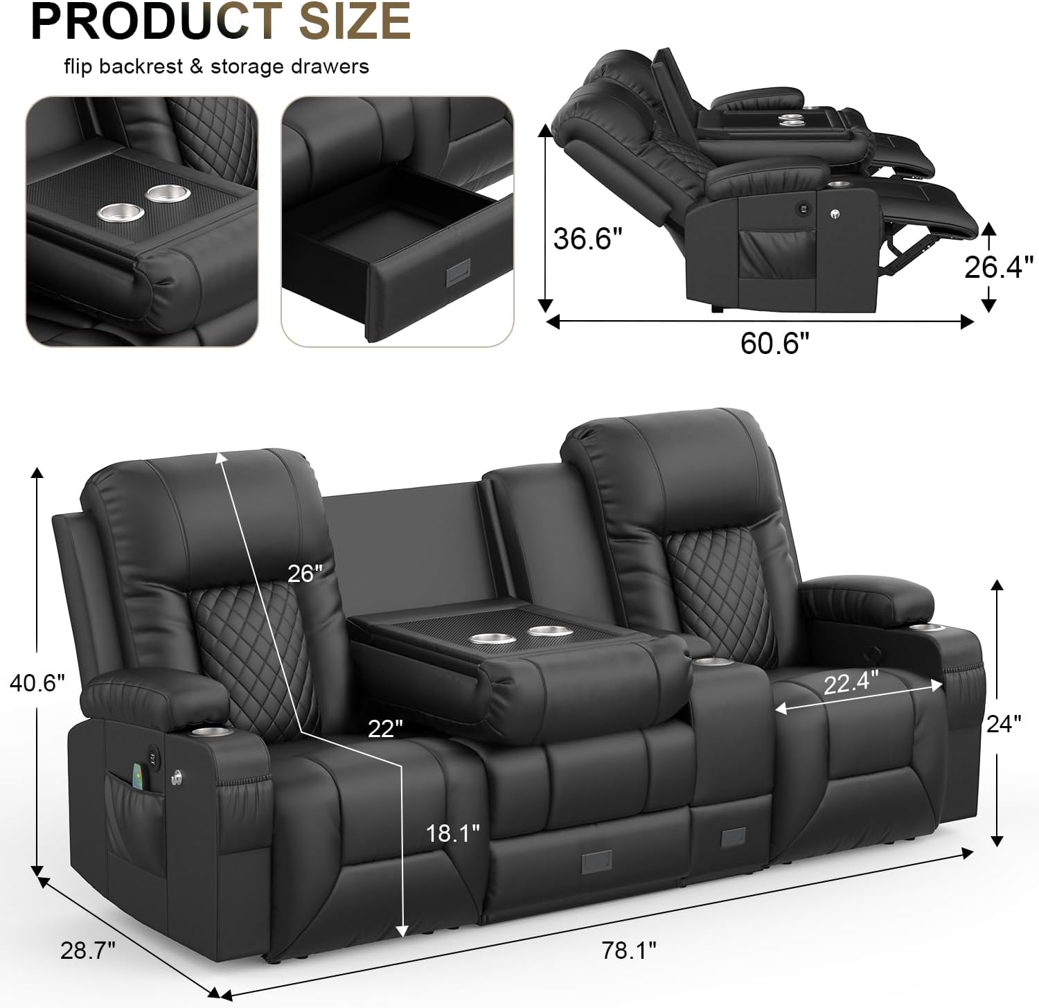 YONISEE 3 Seat Recliner Sofa Large Manual Reclining Couch with Storage Console