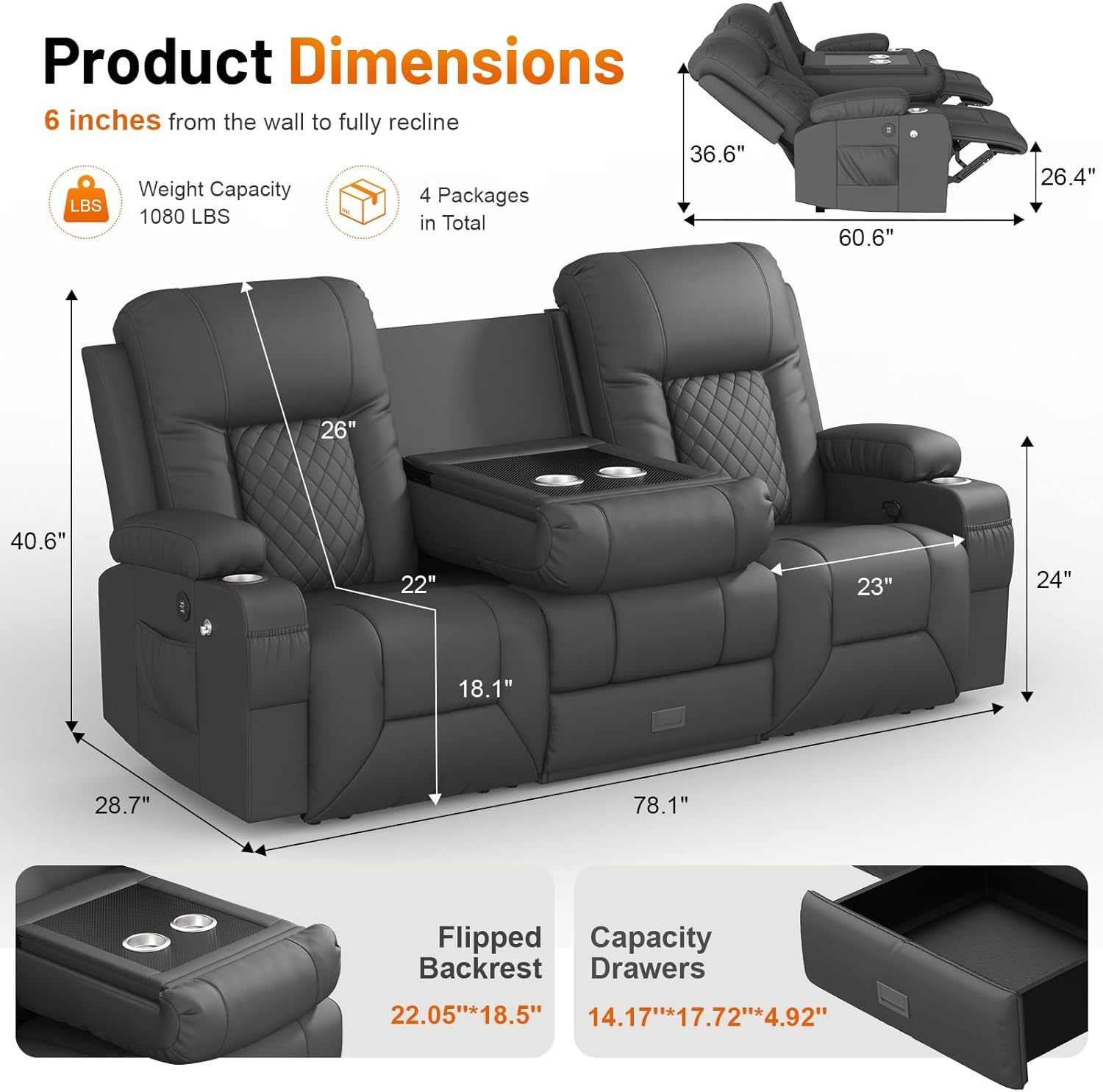 FURNIMAT Loveseat Recliner Sofa 2 Seater PU Leather Couch with USB Cup Holders