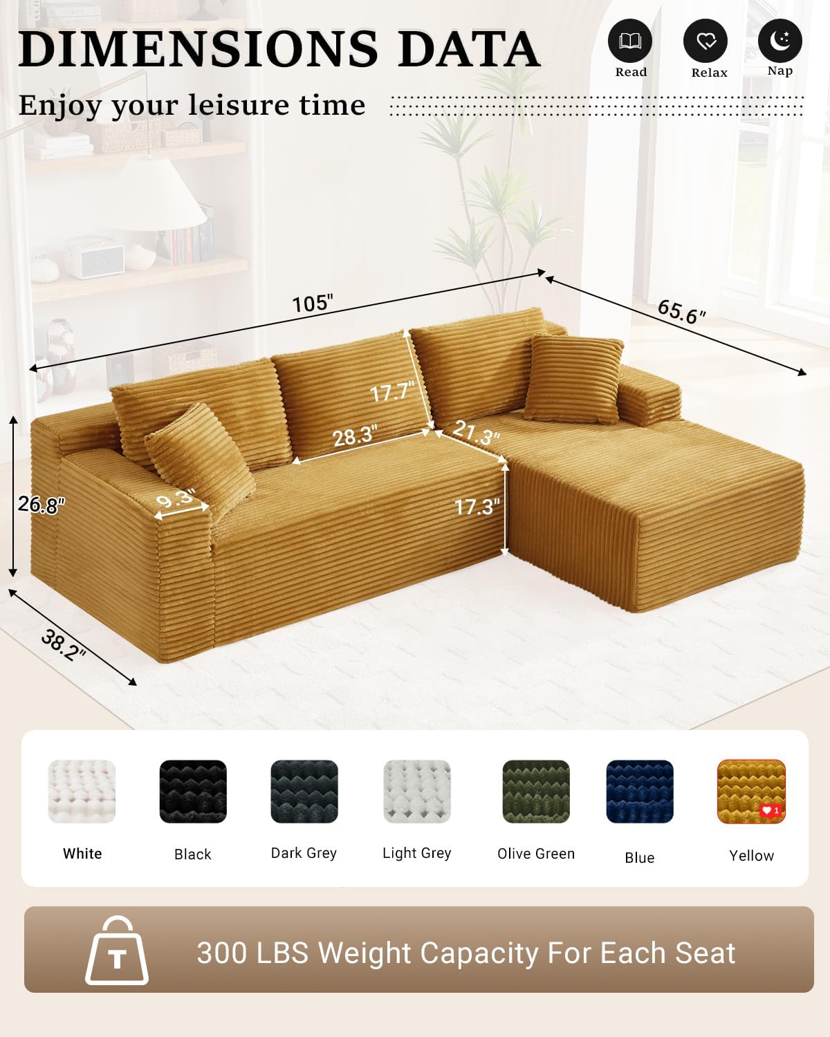 HANXIN Cloud Sectional Sofa L Shape Chaise Deep Seat Modular Living Room Couch