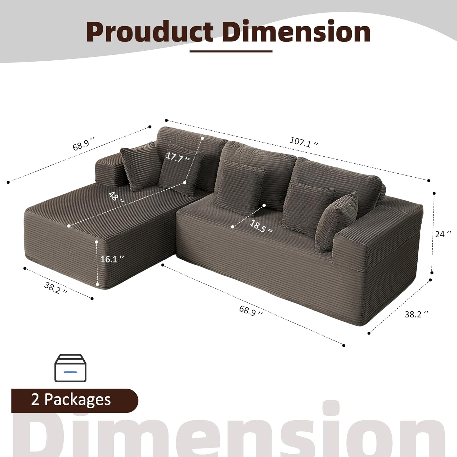 Afuson Boneless Sectional Sofa L Shape Deep Seat Cloud Couch Living Room