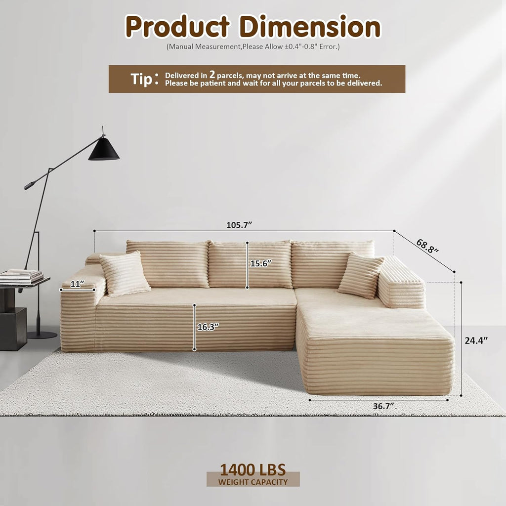 ovios Cloud Sectional Couch with L Shape Chaise Modern Modular Sofa