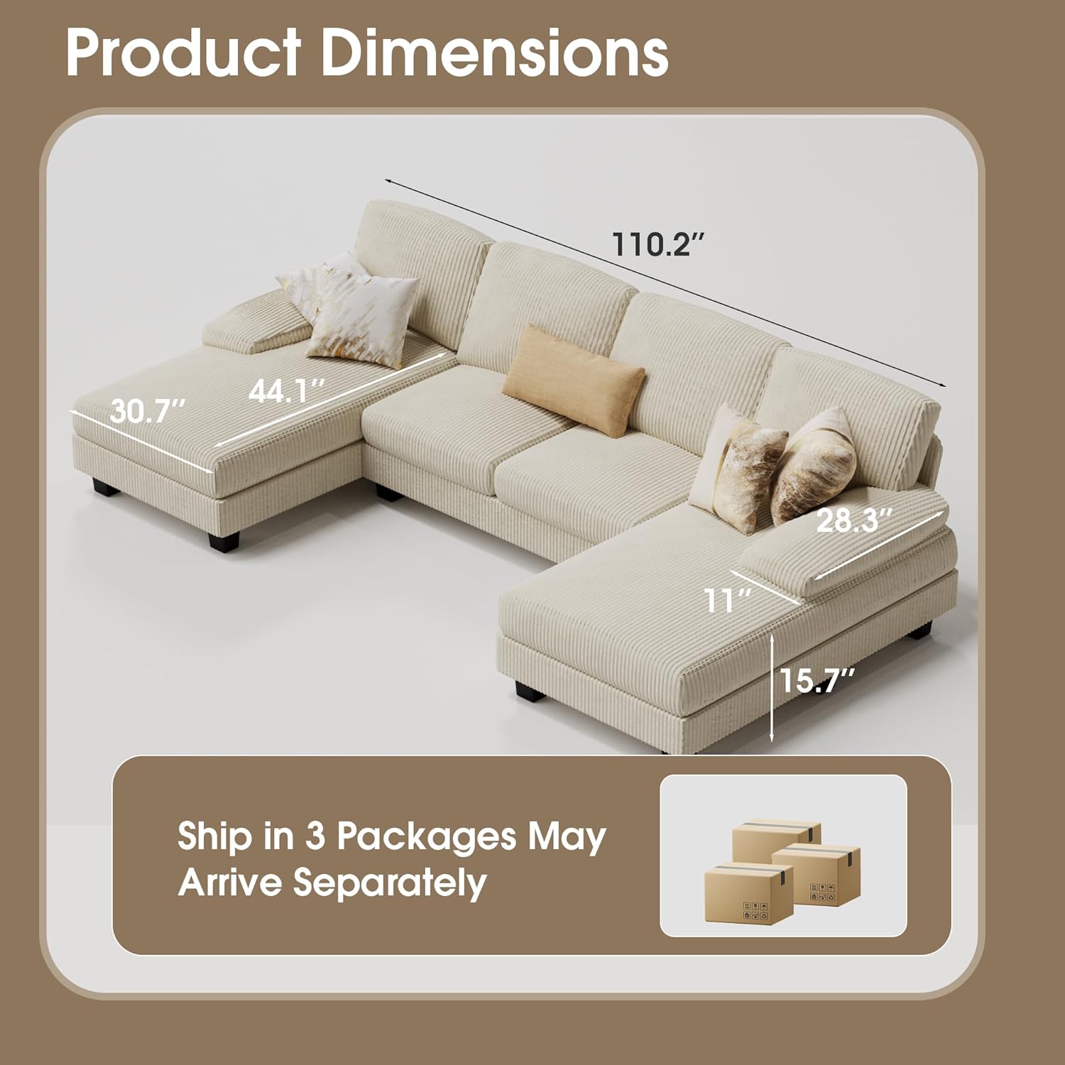 Furmax U-Shaped Sectional Sofa Couch 4 Seat Linen Fabric Double Chaise