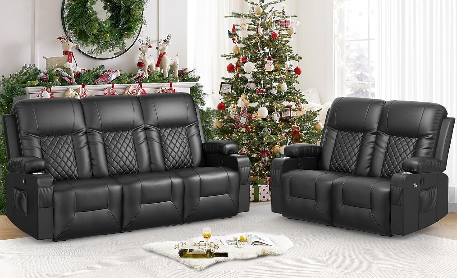 FURNIMAT Loveseat Recliner Sofa 2 Seater PU Leather Couch with USB Cup Holders