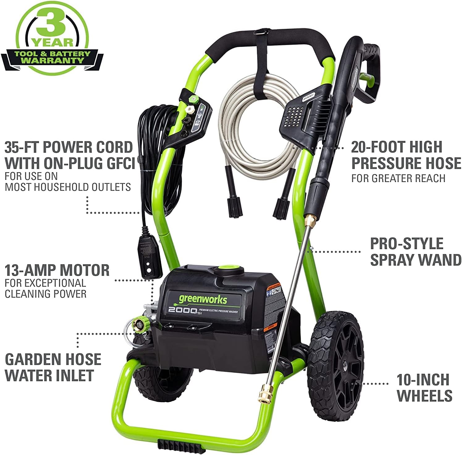 Greenworks 2000 PSI Electric Pressure Washer 13 Amp with Wheels 20 FT Hose 35 FT Cord