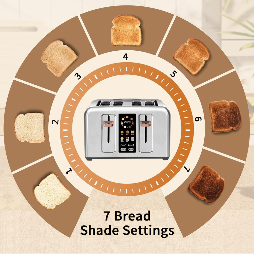 SEEDEEM 4 Slice Touch Screen Toaster LCD Display 7 Shade Settings Wide Slots 1800W