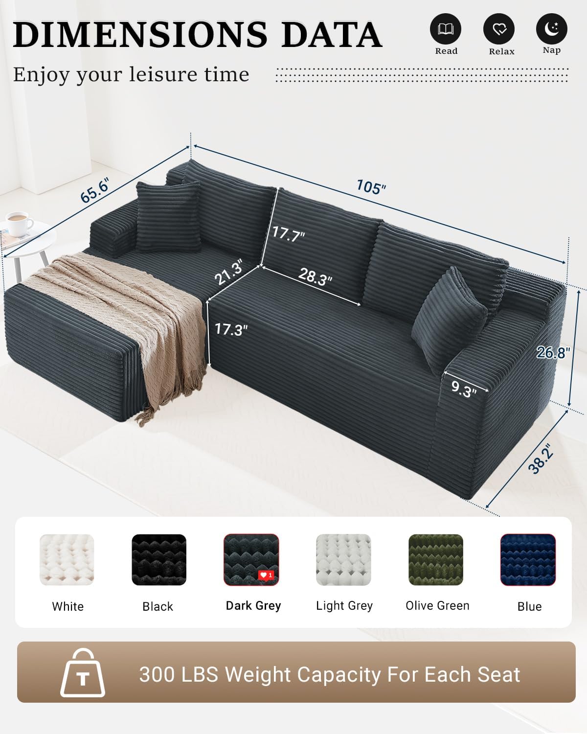 HANXIN Cloud Sectional Sofa L Shape Chaise Deep Seat Modular Living Room Couch