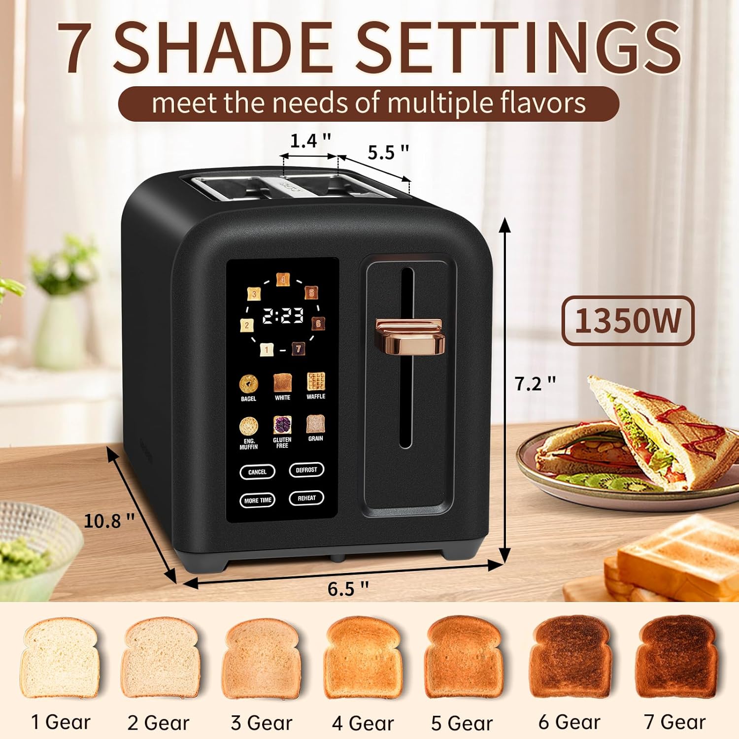 SEEDEEM 4 Slice Touch Screen Toaster LCD Display 7 Shade Settings Wide Slots 1800W