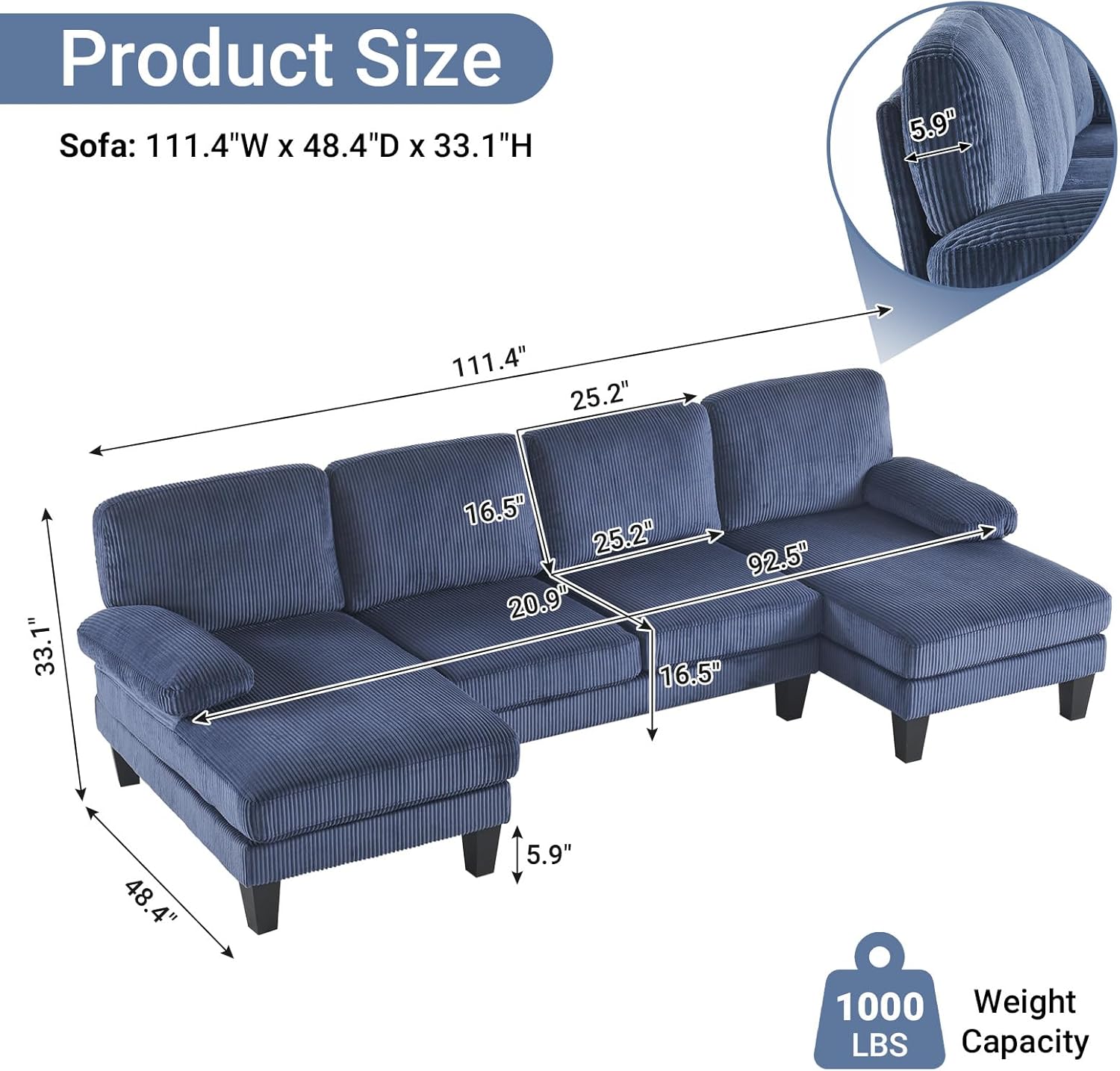 VINGLI 110 Sectional Couch U Shaped Sofa Set with Double Chaise Chenille Fabric