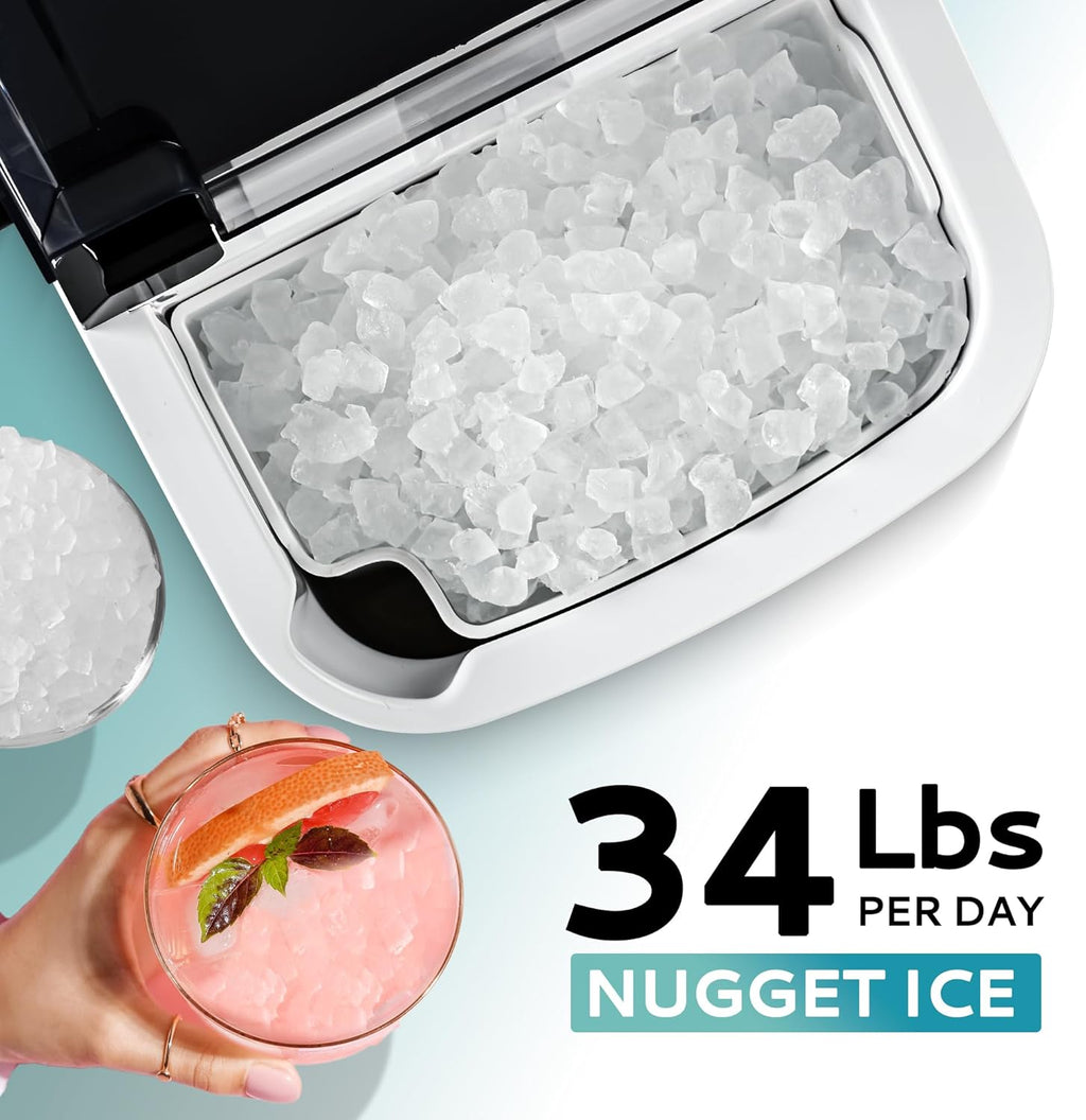 EUHOMY Nugget Ice Maker Countertop Portable 34lbs Daily with Handle