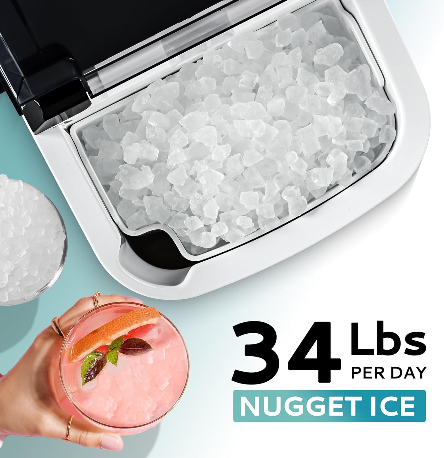EUHOMY Nugget Ice Maker Countertop Portable 34lbs Daily with Handle