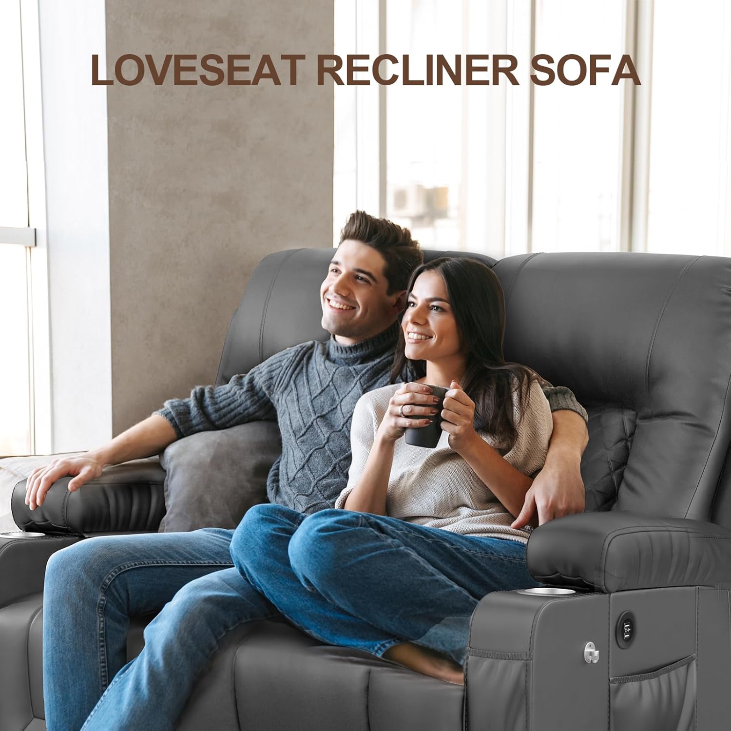 FURNIMAT Loveseat Recliner Sofa 2 Seater PU Leather Couch with USB Cup Holders