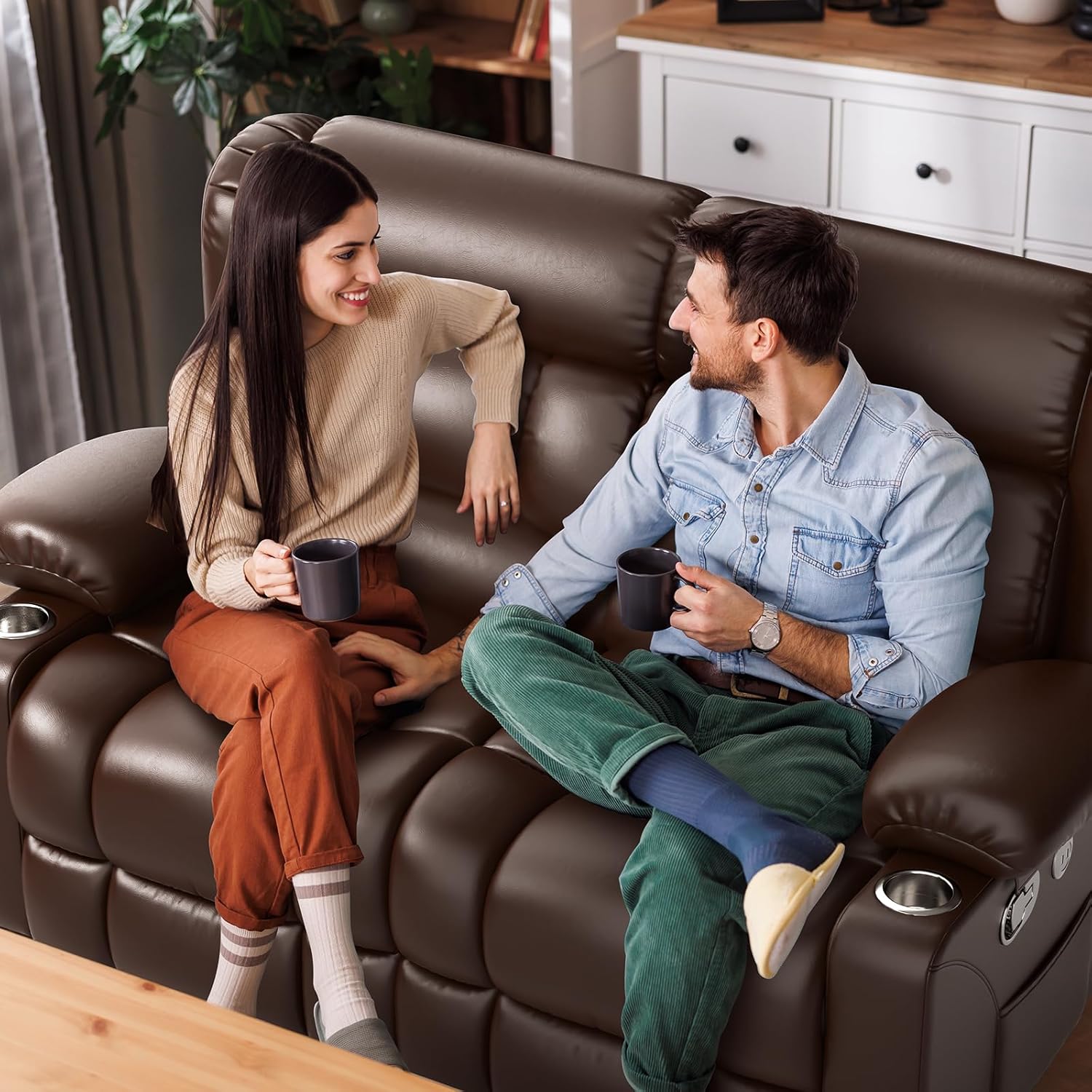FURNIMAT Loveseat Recliner Sofa 2 Seater PU Leather Couch with USB Cup Holders