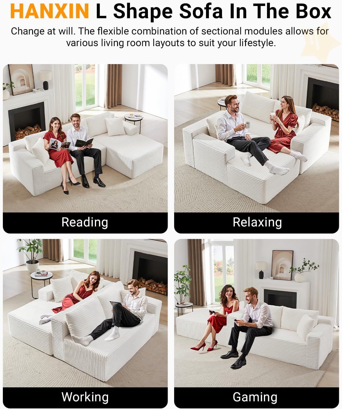 HANXIN Cloud Sectional Sofa L Shape Chaise Deep Seat Modular Living Room Couch