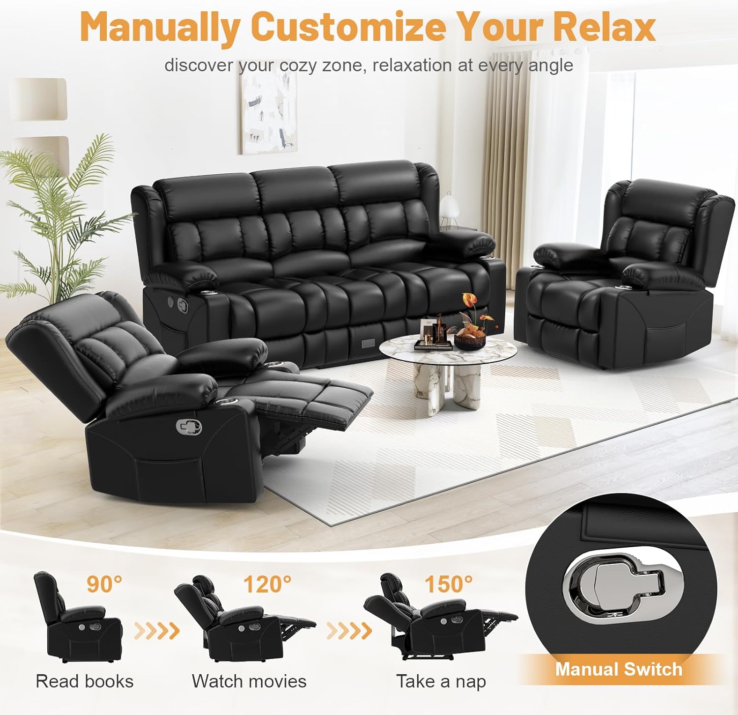 Dresegmt Loveseat Recliner Sofa 3 Seat Flip Backrest with Storage USB Cup Holders