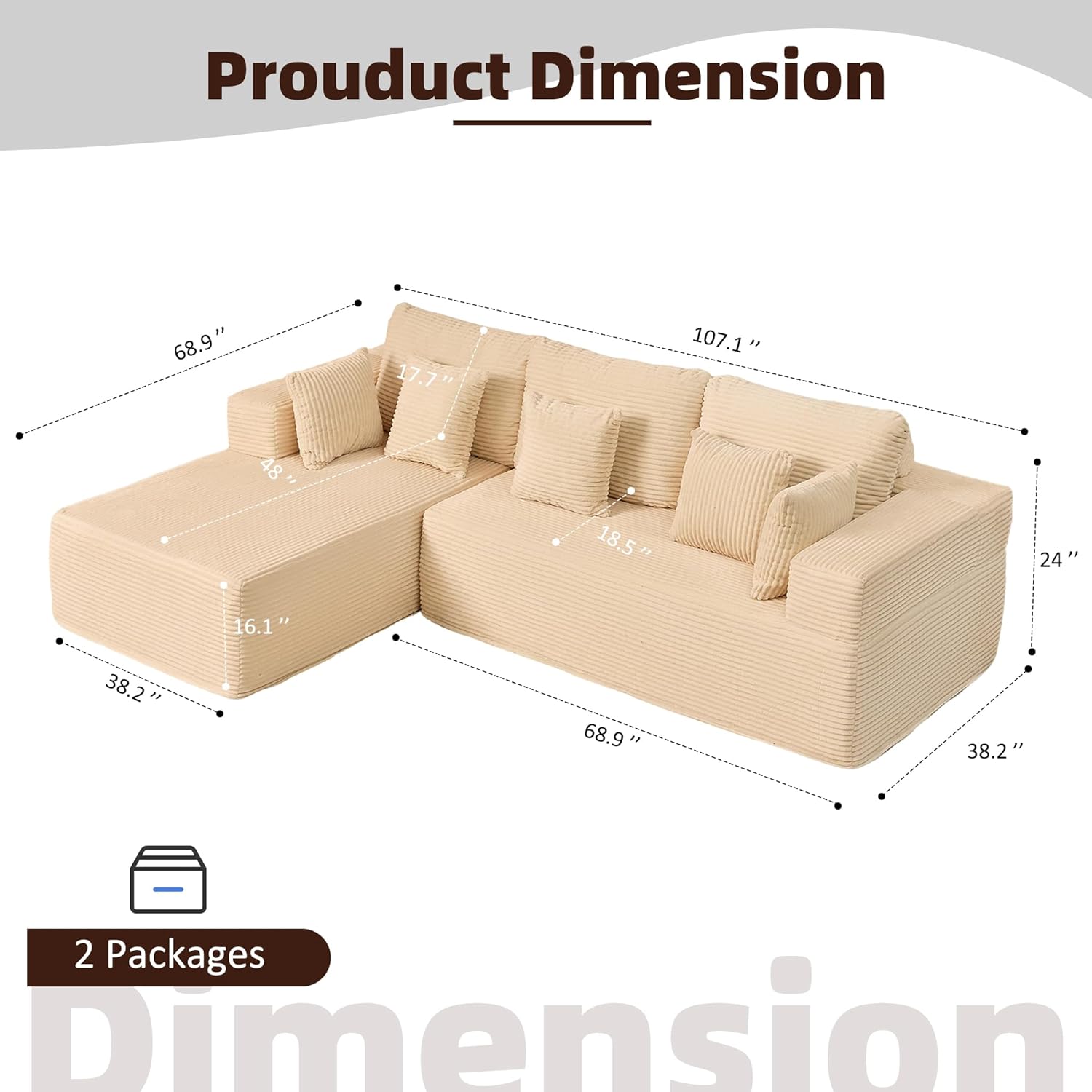 Afuson Boneless Sectional Sofa L Shape Deep Seat Cloud Couch Living Room