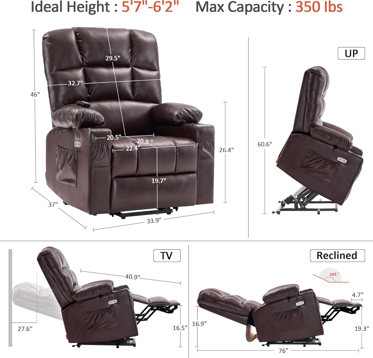 MCombo Large Power Lift Recliner Chair with Dual Motor Massage Heat Faux Leather