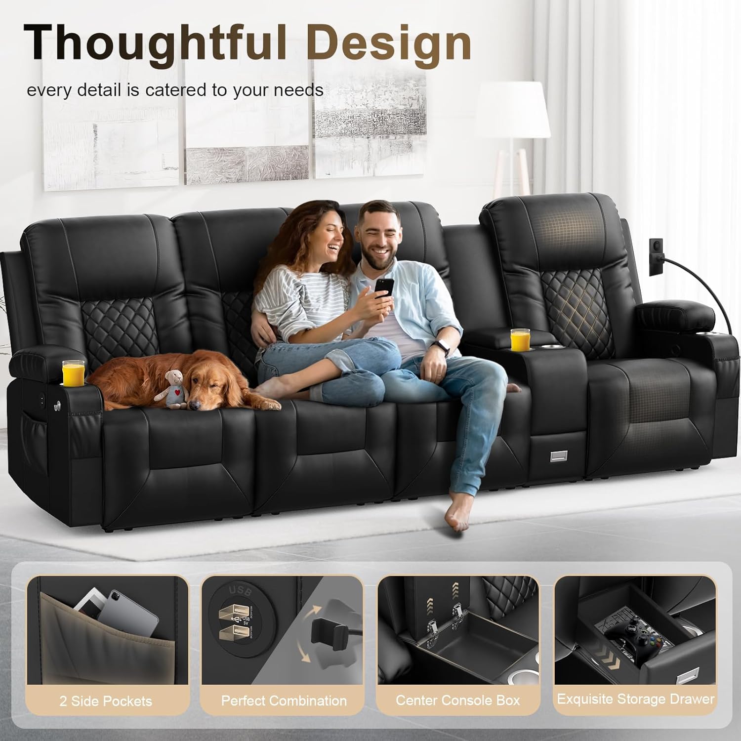 YONISEE 3 Seat Recliner Sofa Large Manual Reclining Couch with Storage Console
