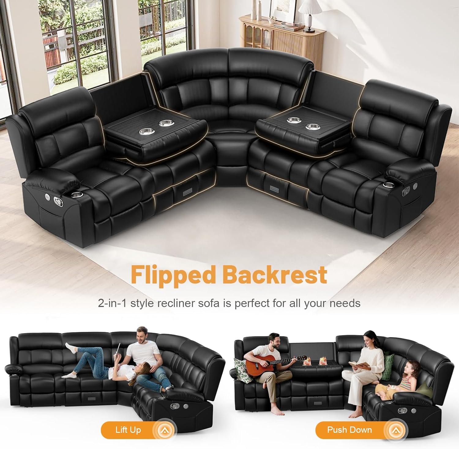 Dresegmt Loveseat Recliner Sofa 3 Seat Flip Backrest with Storage USB Cup Holders