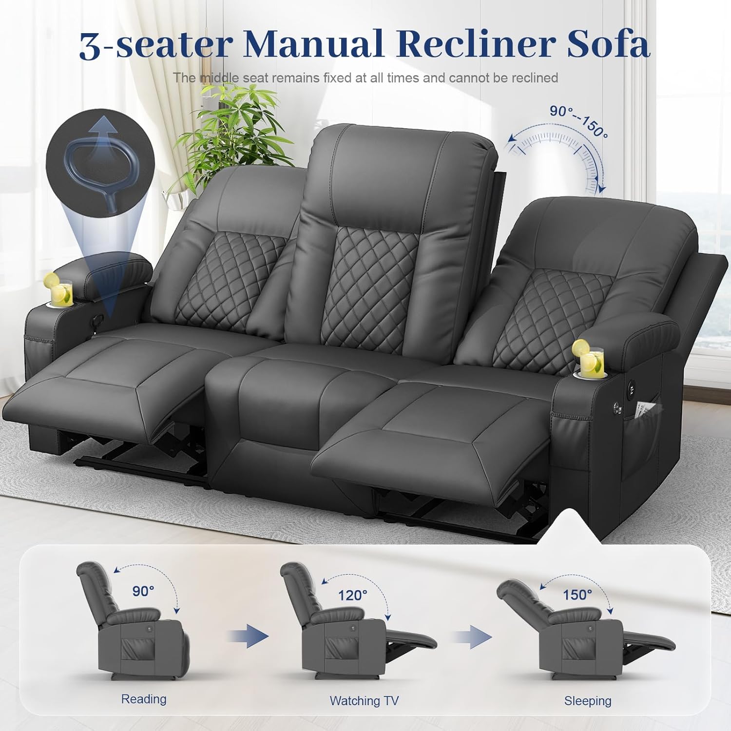 FURNIMAT 2 Seater Loveseat Recliner Sofa PU Leather with Cup Holders USB Ports