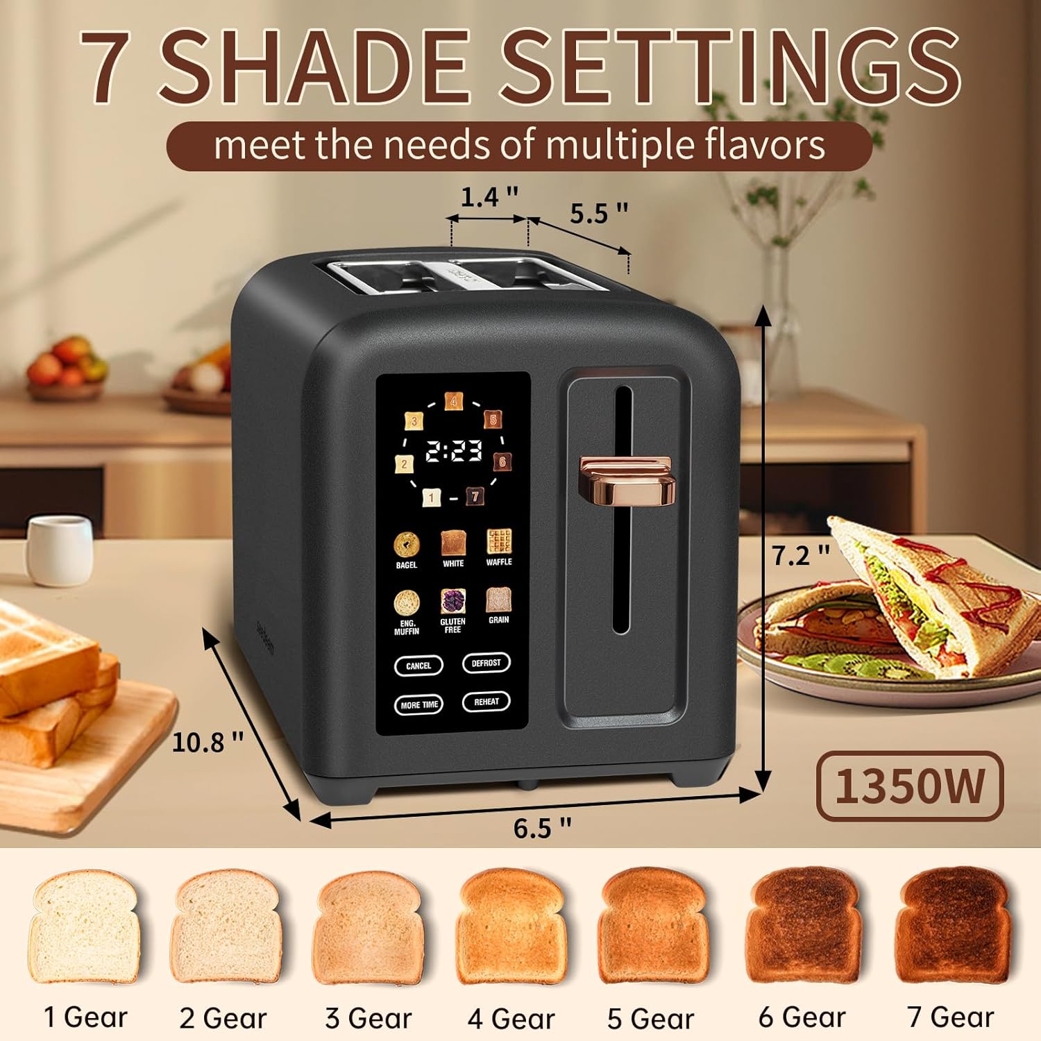 SEEDEEM 4 Slice Touch Screen Toaster LCD Display 7 Shade Settings Wide Slots 1800W