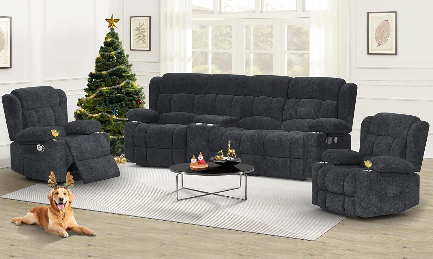 Dresegmt 3 Seat Loveseat Recliner Sofa Flip Middle Storage USB Ports Cup Holders