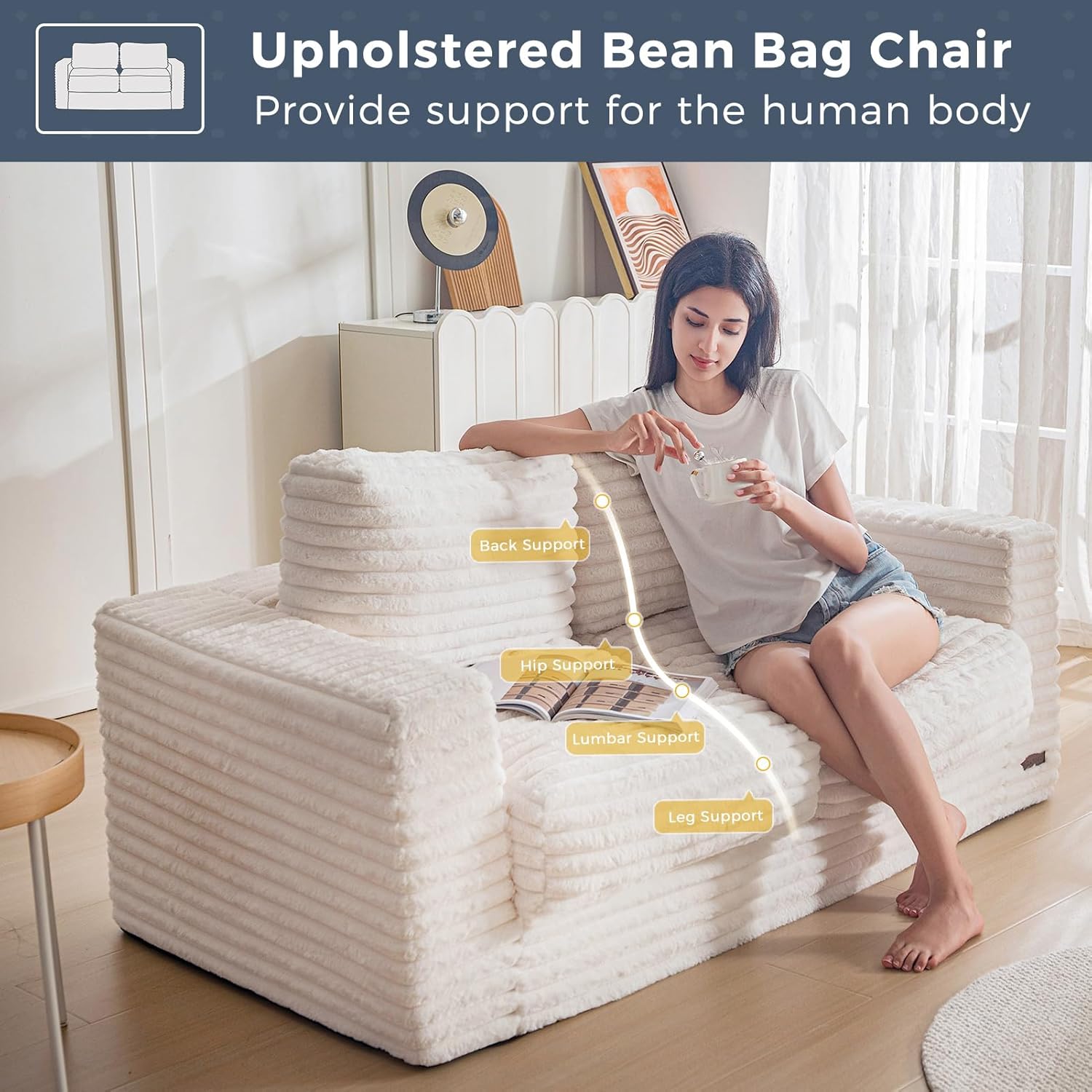 MAXYOYO Bean Bag Sofa with Armrests and Pillows Two Seat Fluffy Floor Couch