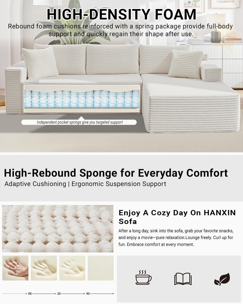HANXIN Cloud Sectional Sofa L Shape Chaise Deep Seat Modular Living Room Couch