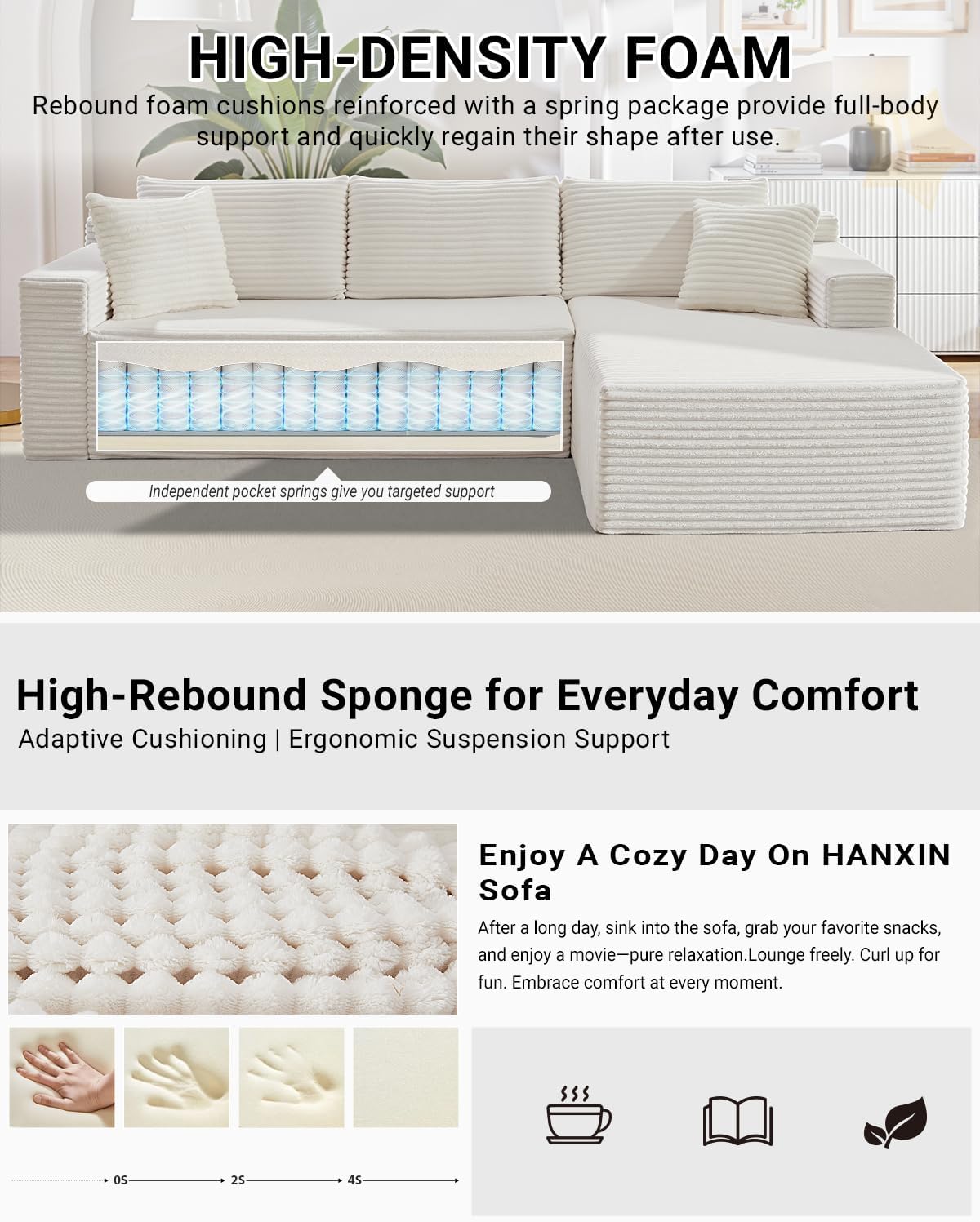 HANXIN Cloud Sectional Sofa L Shape Chaise Deep Seat Modular Living Room Couch
