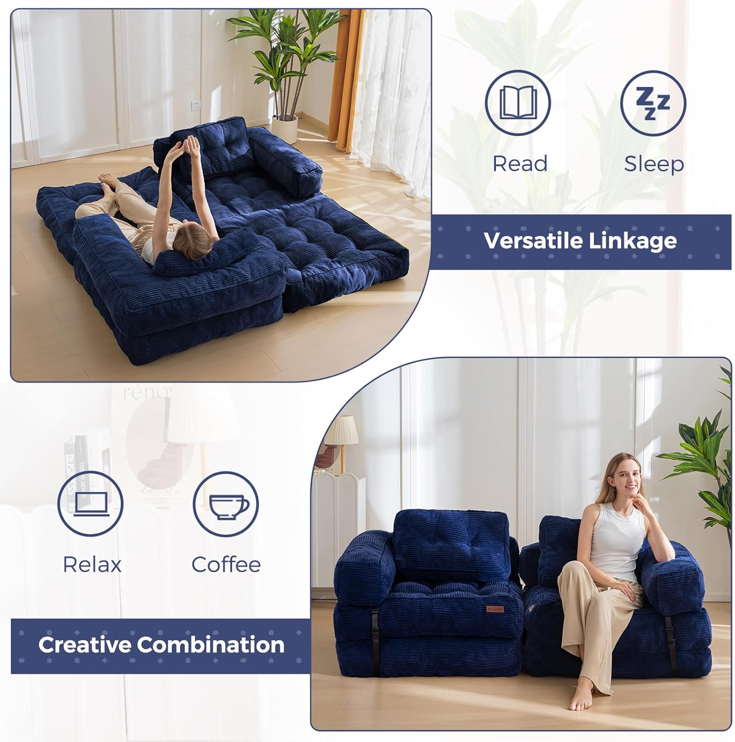 MAXYOYO L Shaped Folding Sofa Bed Convertible Sleeper with Pillow Armrest
