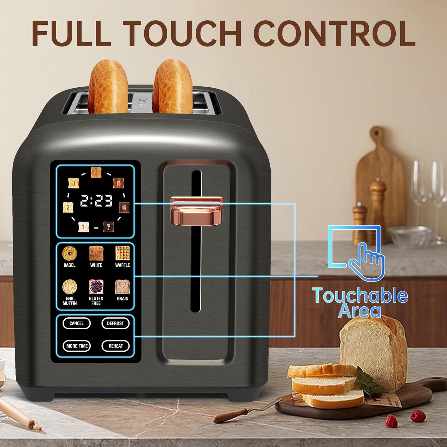 SEEDEEM 4 Slice Touch Screen Toaster LCD Display 7 Shade Settings Wide Slots 1800W
