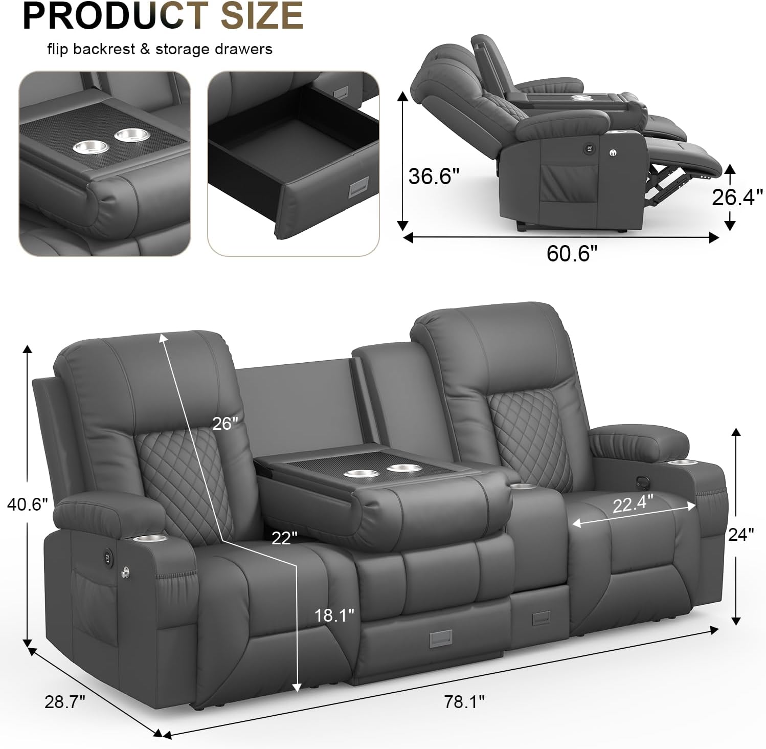 YONISEE 3 Seat Recliner Sofa Large Manual Reclining Couch with Storage Console